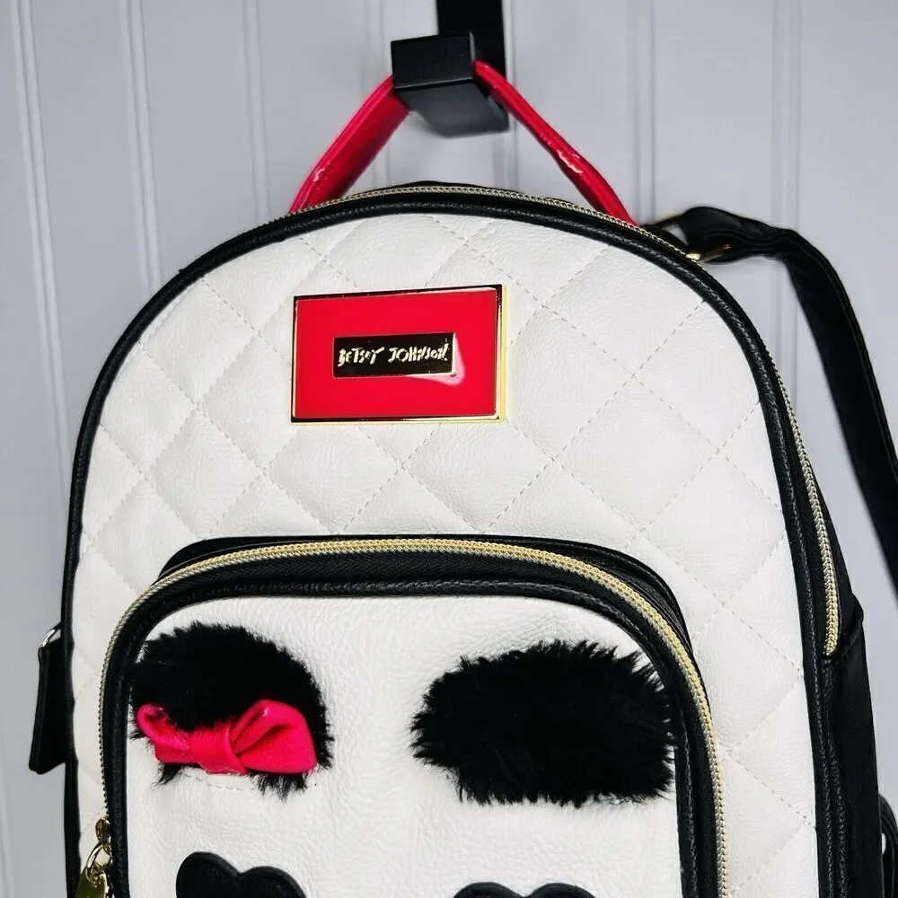 Betsey Johnson Backpack Medium with Panda Face Furry Brows White Black Pink